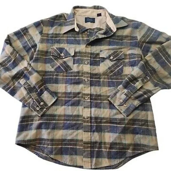 Vintage Sears Flannel Shirt Men Extra Large XL 17 Blue Plaid Long Sleeve Grunge - Picture 2 of 8